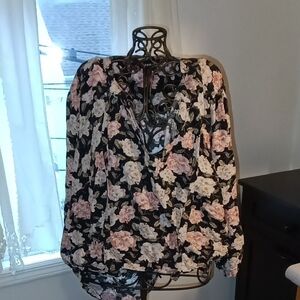 Torrid Black Blouse with Pink and Cream Floral Design